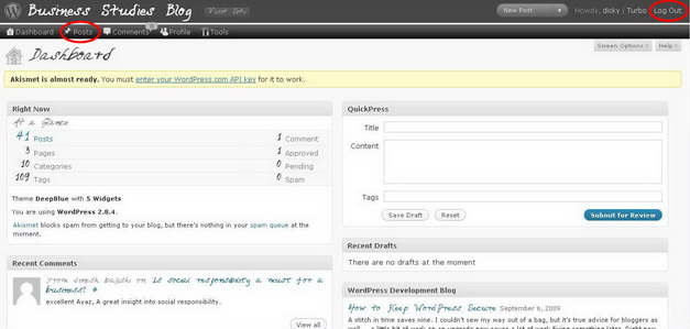 dashboard panel for word press